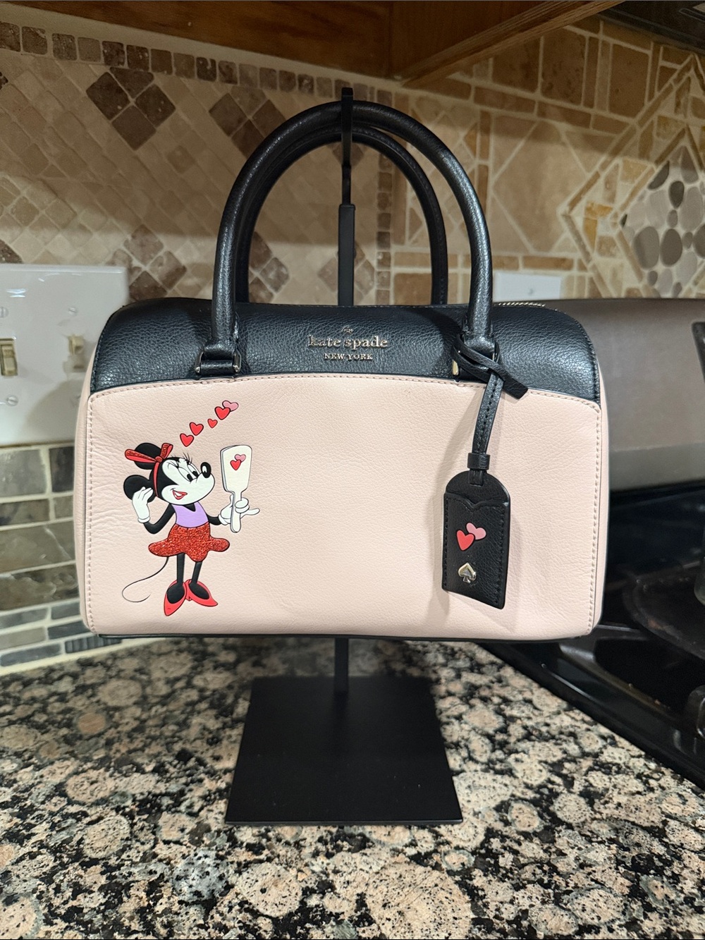 kate spade Pink and Black Minnie Mouse Leather Satchel with Heart Tag EUC